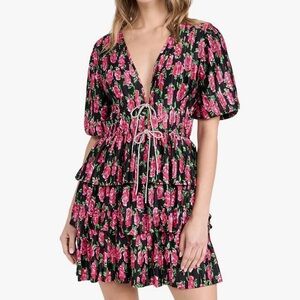 Wayf Black Floral Tie-Front Tiered Dress with Pink Roses